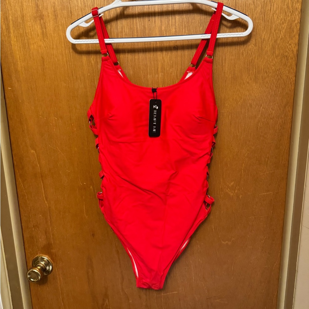 Tempt Me Red One Piece Swimsuit M Lattice Side Adjustable Spaghetti Straps Lined